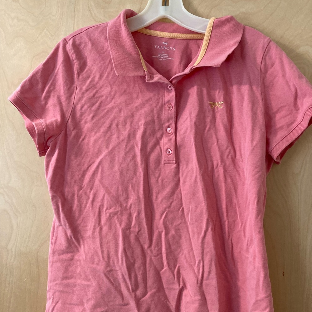 Talbots Watermelon Pink Polo Top with Embroidered Dragonfly